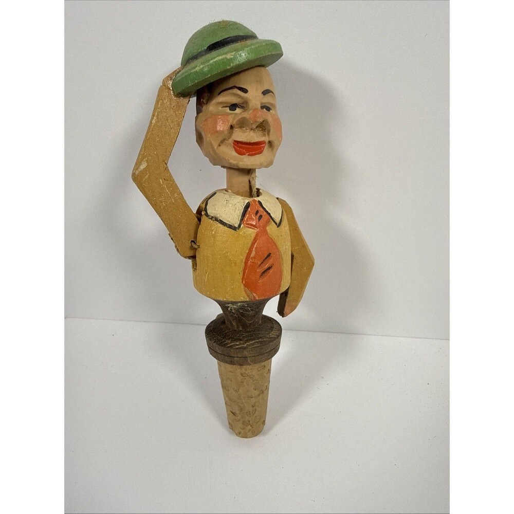 Vintage Anri Mechanical Wine Bottle Stopper Cork Hat Tipping Hand Carved Wooden